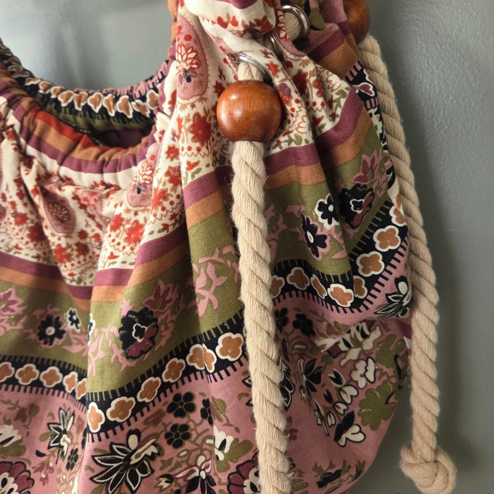 Boho Rope Handle Shoulder Bag Wooden Beads Paisley Floral Print Earthy